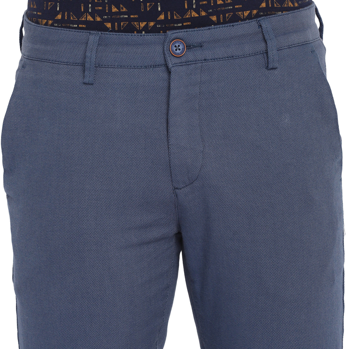 Blue Self Design Cotton Stretch Ultra Slim Fit Casual Trouser