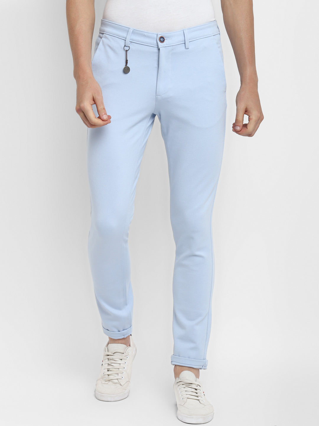 Light Blue Solid Cotton Stretch Narrow Fit Casual Trouser
