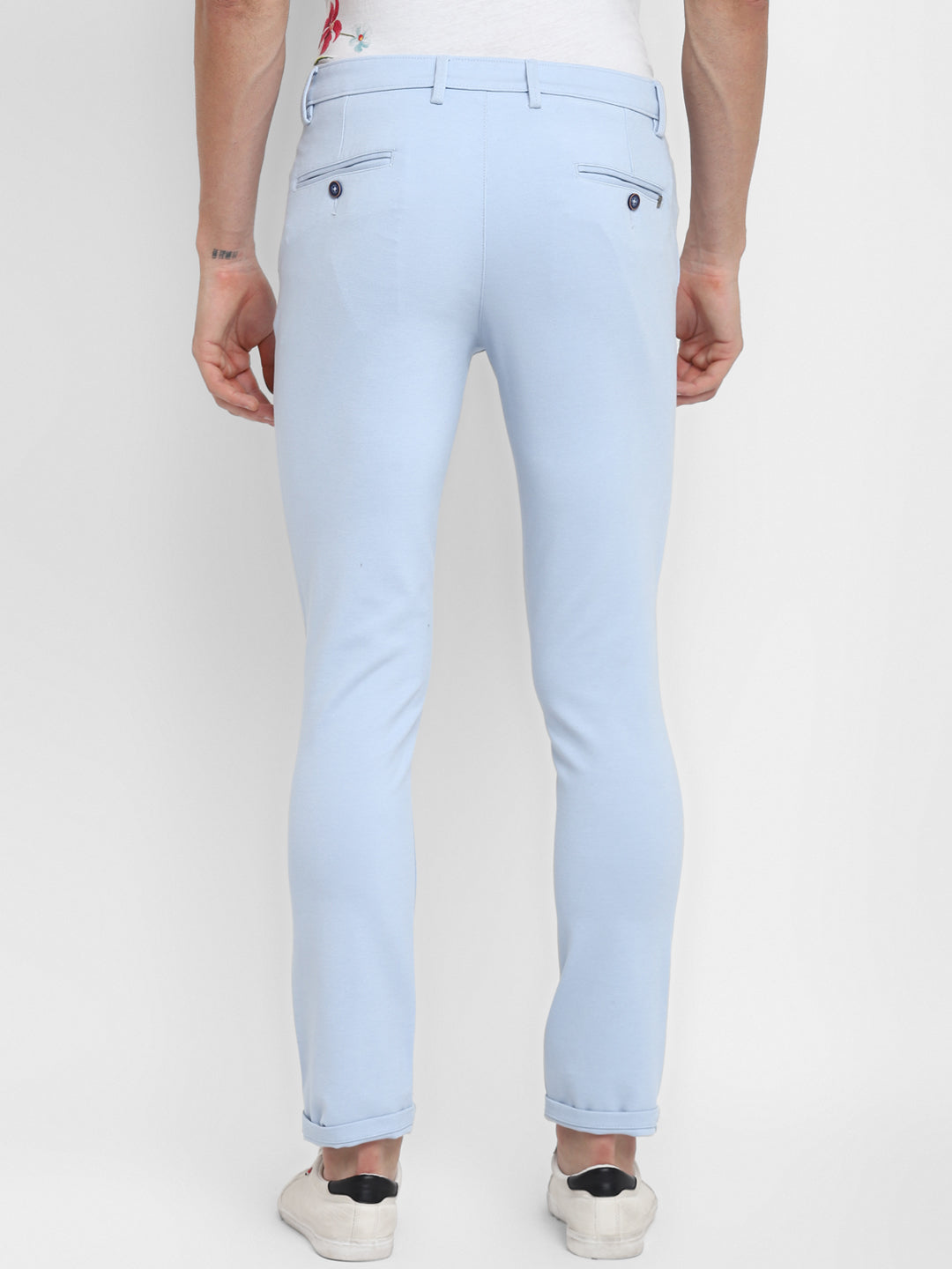 Light Blue Solid Cotton Stretch Narrow Fit Casual Trouser