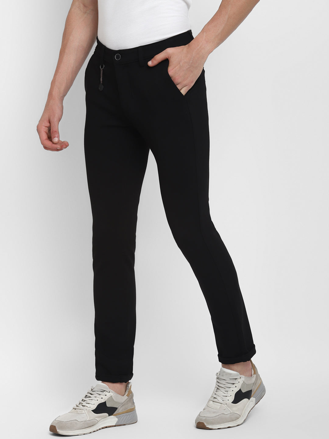 Black Solid Cotton Stretch Narrow Fit Casual Trouser