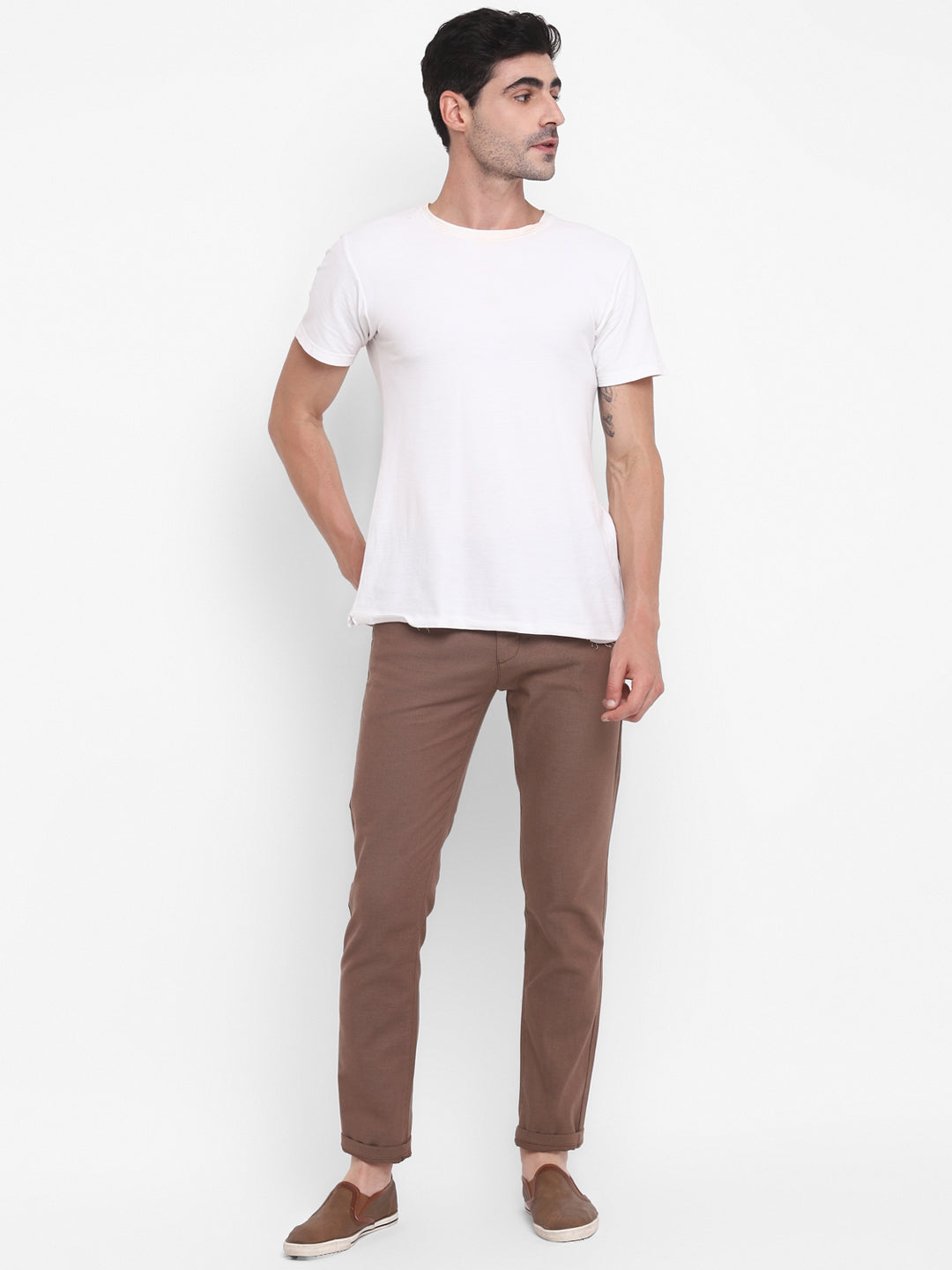 Brown Self Design Ultra Slim Fit Trouser