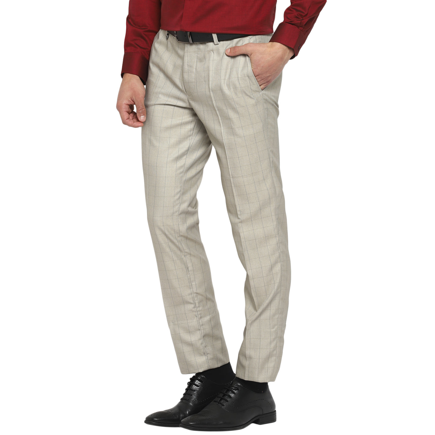 Beige Slim Fit Checked Trouser