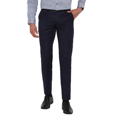 Navy Blue Self Design Slim Fit Trouser