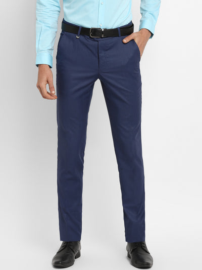 Navy Blue Self Design Slim Fit Trouser