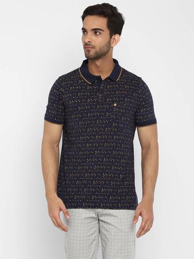 Navy Printed Polo Neck T-Shirt