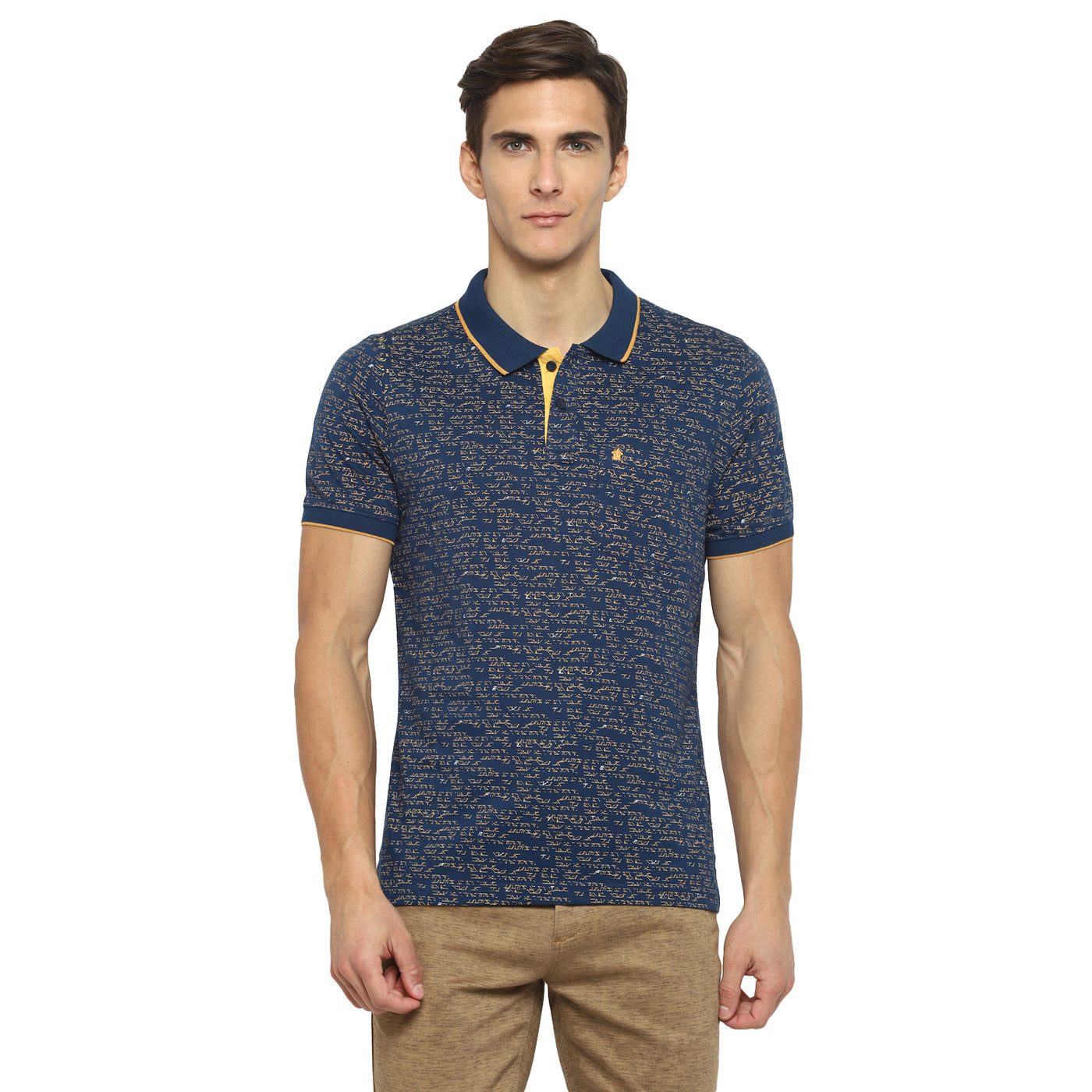 Turtle Men Navy Blue Printed Polo Neck T-Shirts