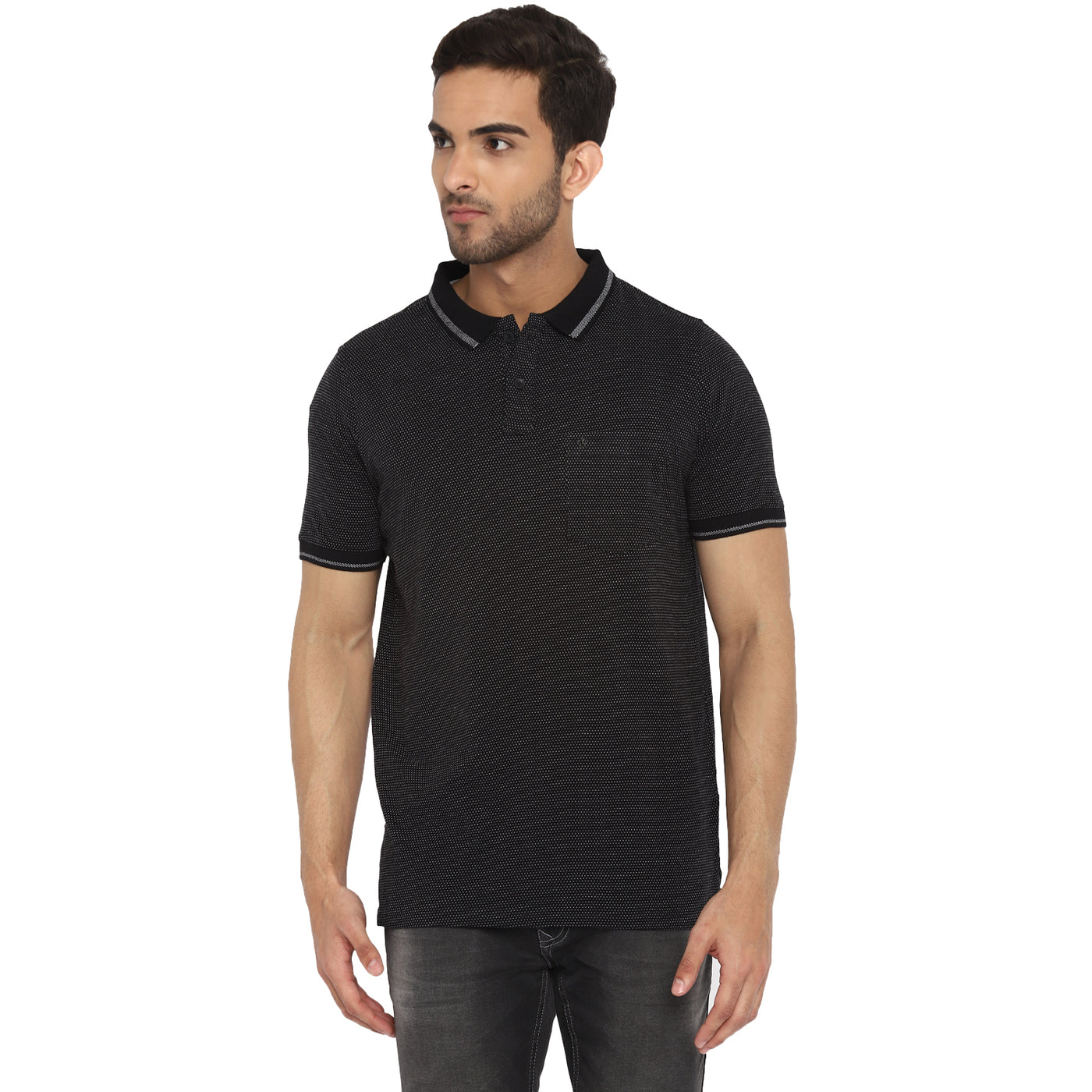 Black Self Design Polo Neck T-Shirt