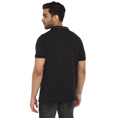 Black Self Design Polo Neck T-Shirt