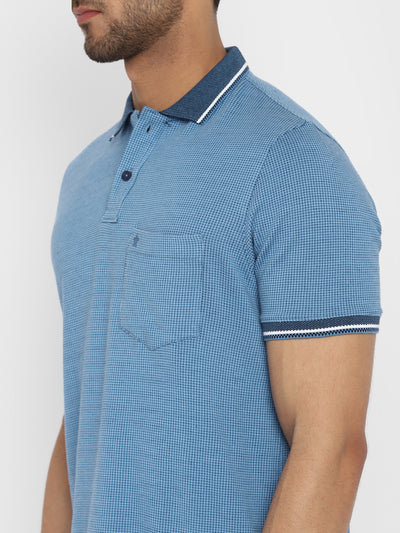 Turtle Men Blue Self Design Polo Neck T-Shirts