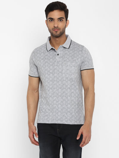 Grey Printed Polo Neck T-Shirt