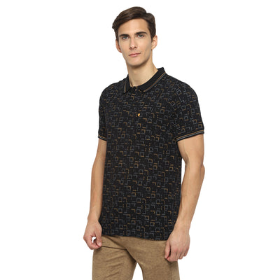 Turtle Men Black Printed Polo Neck T-Shirts