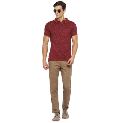 Turtle Men Maroon Printed Polo Neck T-Shirts