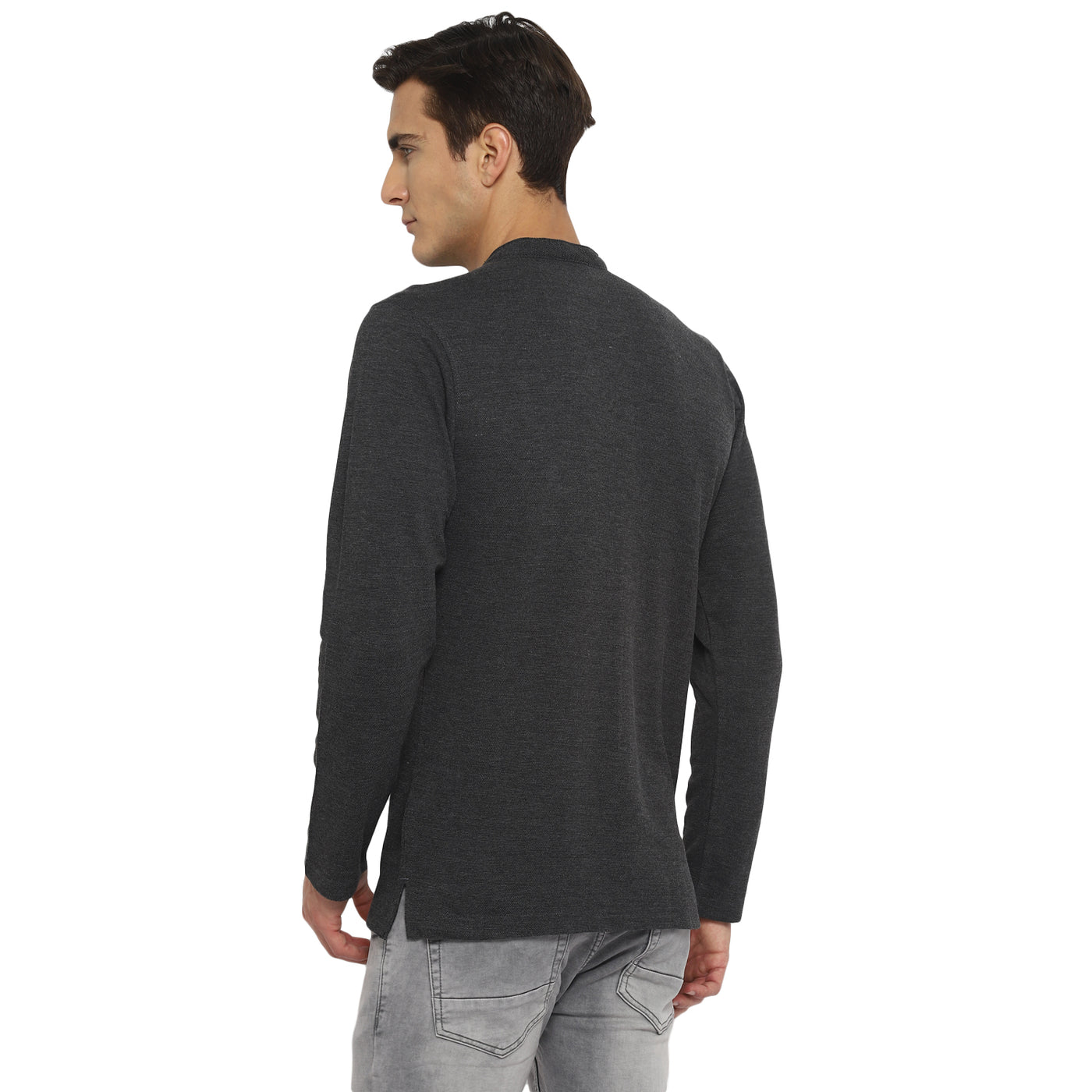 Dark Grey Self Design Polo Neck T-Shirt